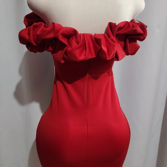 Party Dress | Red Ruffled Off the Shoulder Midi Dress Womens club night out part - Picture 3 of 5